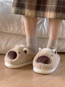 1 Pair Cartoon Thick Bottom Plush Lined Flat Casual House Slippers, Warm For Autumn/Winter