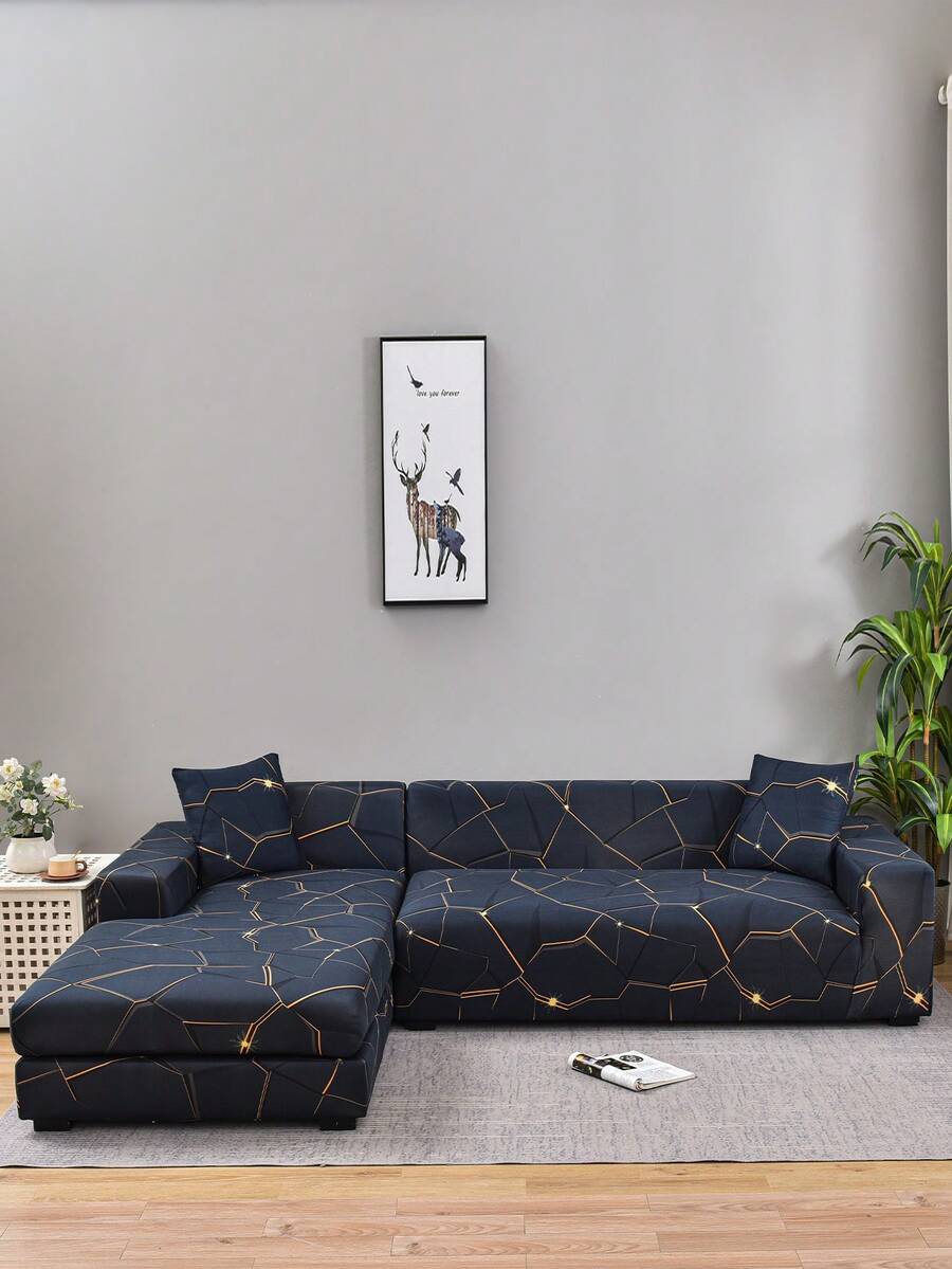 1 capa de sofá estampada em seda leitosa + 1 fronha de 42 x 42 cm, capa de sofá minimalista estilo country americano com estampa geométrica, capa protetora de sofá com elastano elástico para espreguiçadeira em formato de L, 1/2/3/4 lugares - Azul marinho - Ver 1