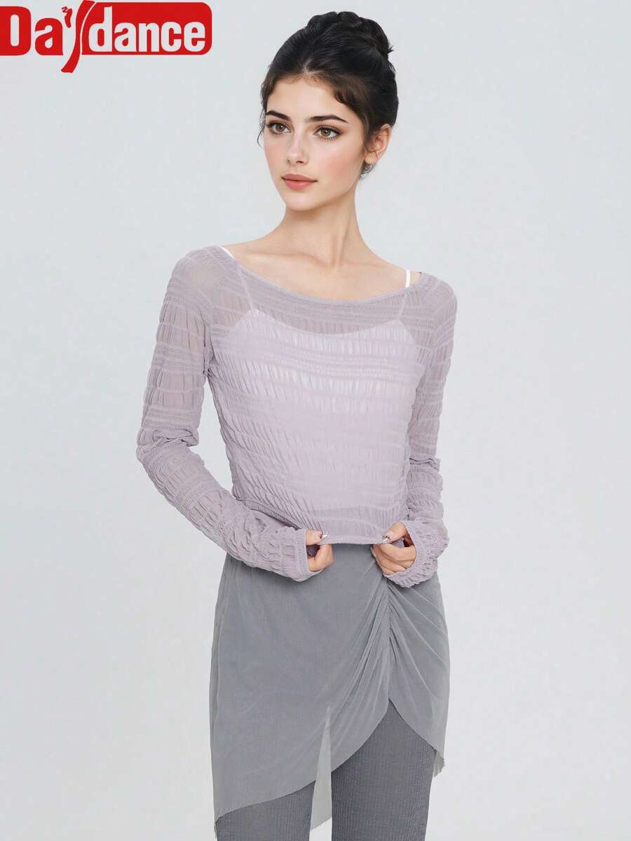 Daydance Áo tập nhảy mỏng nhẹ, xếp ly, tay dài, chất liệu voan nhẹ, thích hợp cho nữ, người lớn và thanh thiếu niên, tập thể dục dụng cụ, yoga, tập luyện (Bạn có thể chọn lớn hơn một cỡ tùy theo dáng người) - Thể thao mùa xuân - Màu tím hoa cà - Xem 1