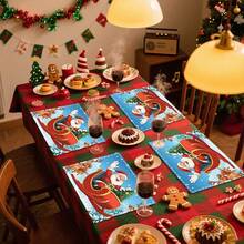 1 set/1 pieza/4 piezas/6 piezas Manteles individuales con estampado de trineo de renos navideños, manteles individuales rectangulares de poliéster lavables a máquina, protectores de mesa, manteles individuales termoaislantes, decoraciones de mesa de restaurante, suministros para fiestas, decoraciones navideñas que pueden regalarse