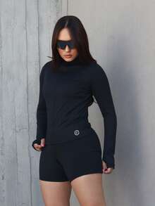 Women's Sports Jacket Icy Fabric Polyamide UV50+ Sport Zipper Closure Thumb Hole Fitness, - màu đen - Xem 2