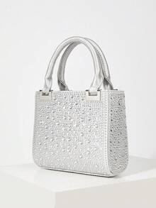 高品质奢华缎面迷你水钻装饰手拿包，优雅晚宴手提包，适合搭配正式礼服、婚礼、派对、约会和日常使用。 - 銀色 - 查看 3