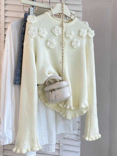 JIANHU 3D Floral Knit Cardigan With Ruffle Cuffs – Sweet & Cozy Winter Sweater For Women, Christmas & Holiday Party