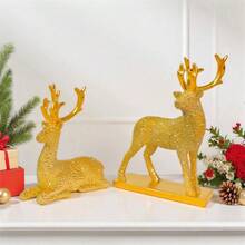 2 figuras navideñas de renos, estatuas de ciervos de resina brillante, decoración de escritorio para sala de estar, hogar y fiestas navideñas. - oro - Ver 5