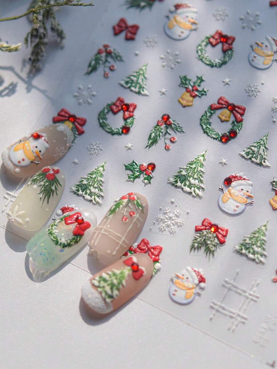 5D圣诞树、雪人、蝴蝶结、铃铛、雪花节日美甲贴纸，自粘装饰美甲贴花，DIY美甲 - 彩色 - 查看 1