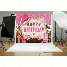Pink Western Cowboy Theme Happy Birthday Backdrop Fabric Rustic Plank Banner Guitar Cowboy Hat Cowboy Theme Birthday Party Portrait Photography Decoration Banner Vinyl