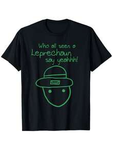 Amateur Leprechaun Sketch Mobile  St Patrick'S Day T-Shirt Men'S Letter Print Regular Fit T-Shirt - 180g Fabric Weight S-XXXL, Round Neck Casual St Patricks Day Top - 黑色 - 查看 1