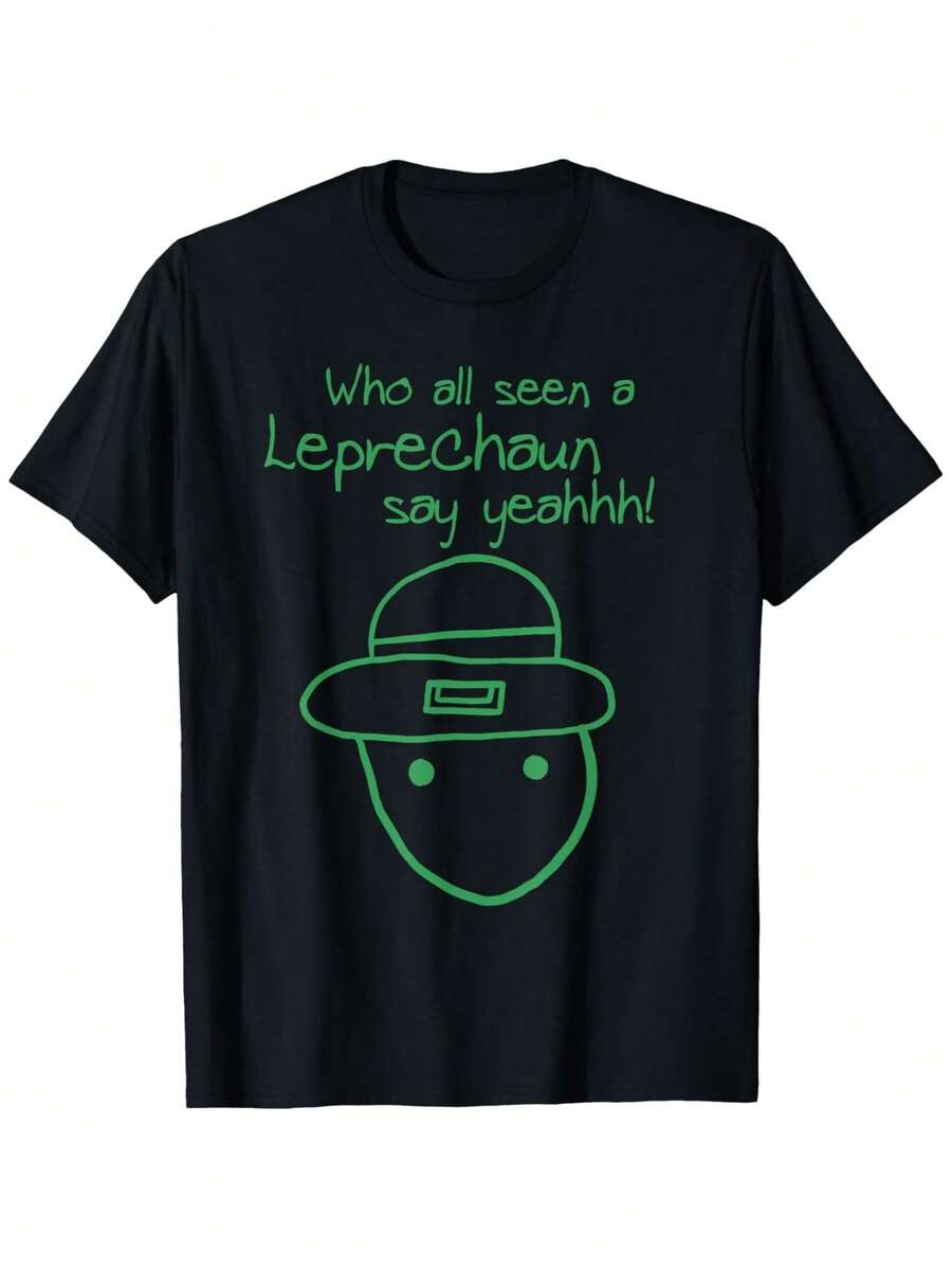 Amateur Leprechaun Sketch Mobile  St Patrick'S Day T-Shirt Men'S Letter Print Regular Fit T-Shirt - 180g Fabric Weight S-XXXL, Round Neck Casual St Patricks Day Top - 黑色 - 查看 1