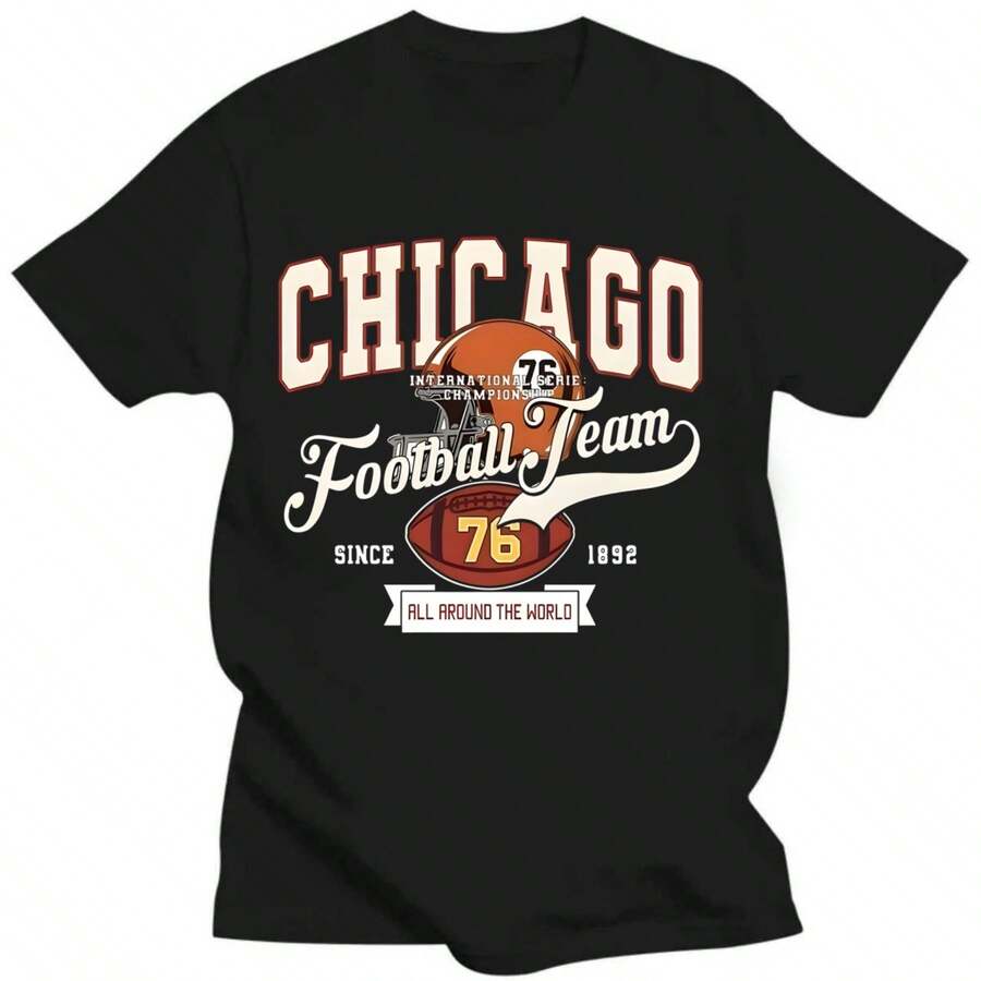 Chicago Football Team 1985 Retro Graphic T-Shirt, Crew Neck Tee, Casual Summer Knit Fabric Short Sleeve Shirt - 黑色 - 查看 1