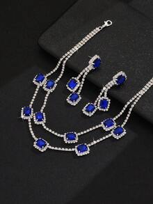 3 件套女士首饰套装：项链、耳环、优雅花卉印花新娘配饰、感恩节礼物 - 寶藍色 - 查看 4
