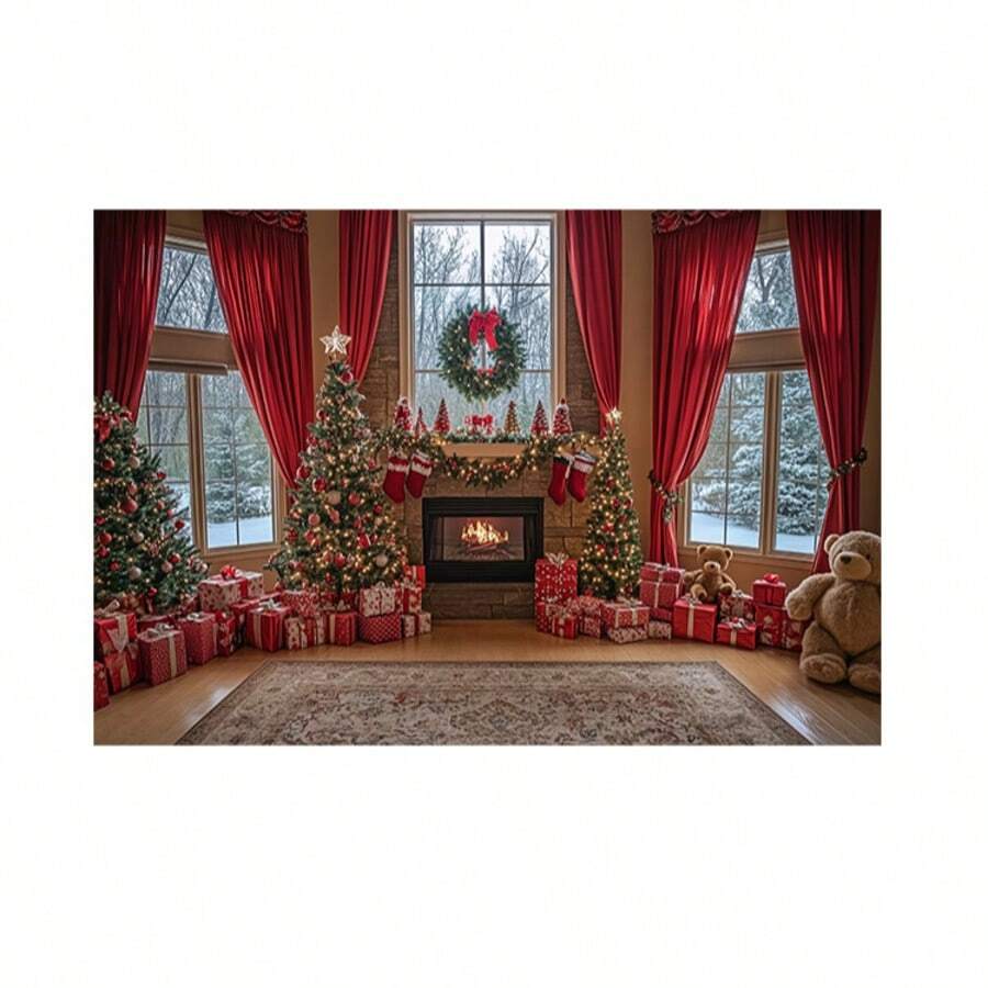 Horizontal Photographic Background For Photo Shoots Sublimated Fabric 3D Fireplace Garland Realistic Christmas Scene 2.20x1.50cm - FF-3261 - 查看 1