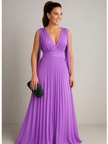 Long Pleated Dress V-Neckline Bridesmaid Dress For Wedding Graduation And Parties - 紫丁香色 - 查看 1