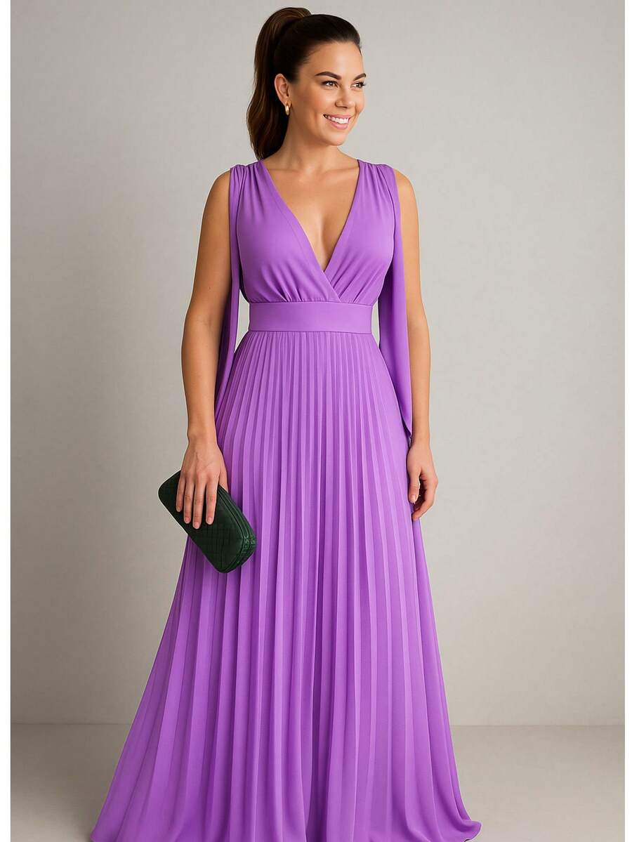 Long Pleated Dress V-Neckline Bridesmaid Dress For Wedding Graduation And Parties - 紫丁香色 - 查看 1