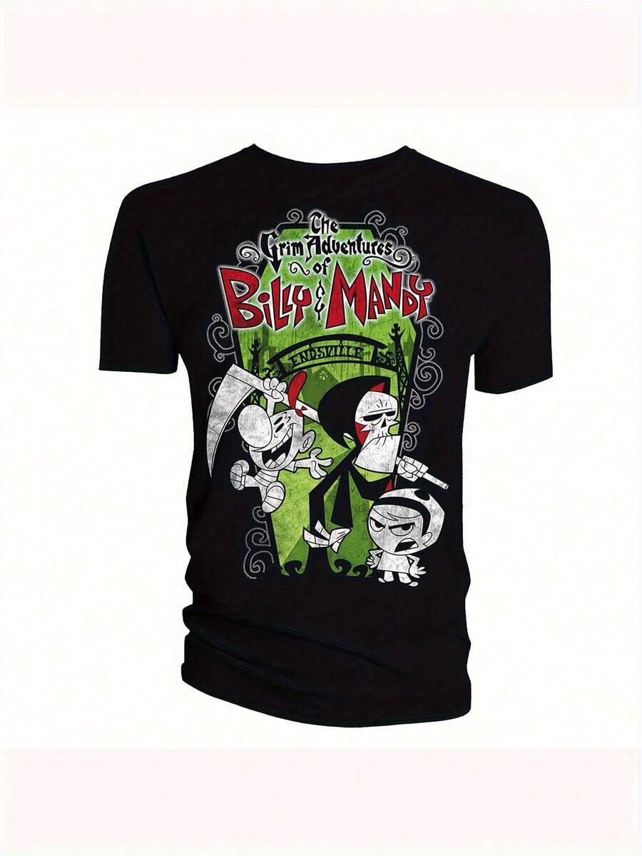 The Grim Adventures Of Billy Mandy Vintage Graphic T-Shirt Unisex Crew Neck Tee With Grim Reaper Mandy Art Black Cartoon Print For Casual Wear Fan Events Allseason Apparel Quality Print Men Size S-3XL - 黑色 - 查看 1