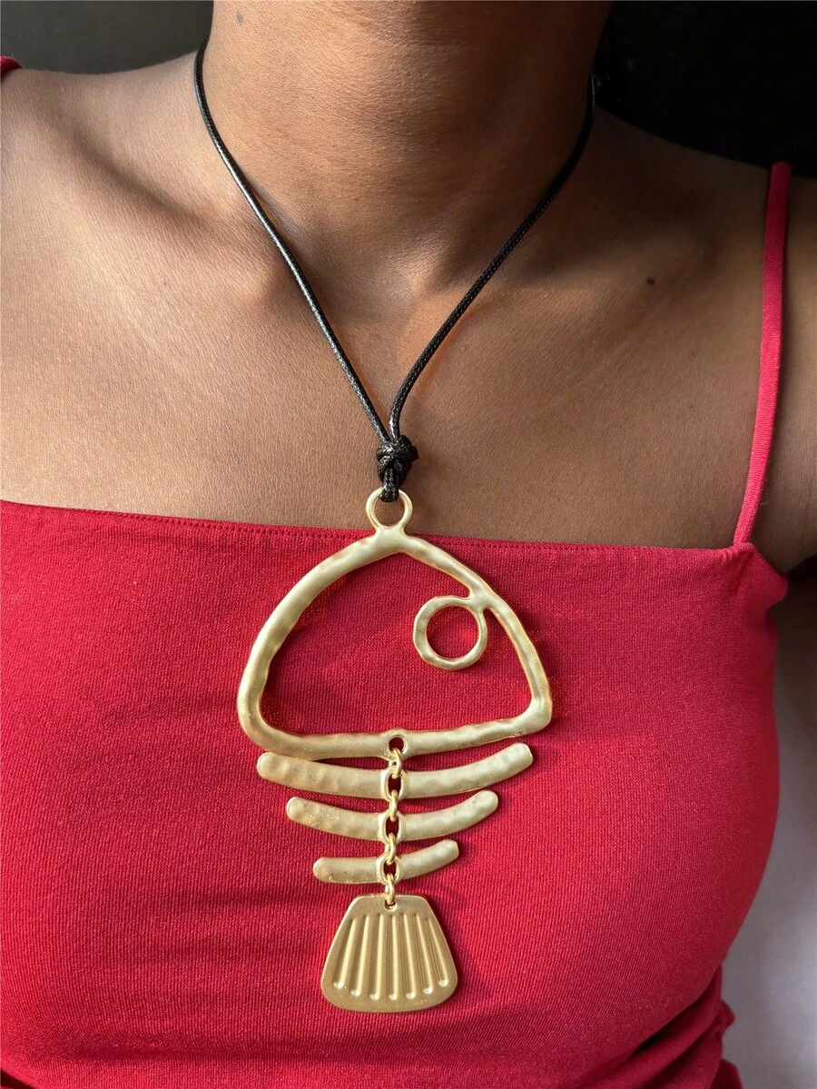 1 Piece Matte Gold Large Boho Fish Tortoise Charm Pendant Chain Statement Necklace