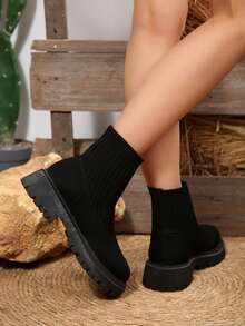 Black Slip-On Fabric Motorcycle Boots, Fashionable & Elegant For Office Wear, Autumn/Winter New Design With Patchwork, Flat Ankle Boots For Women - Black - View 5