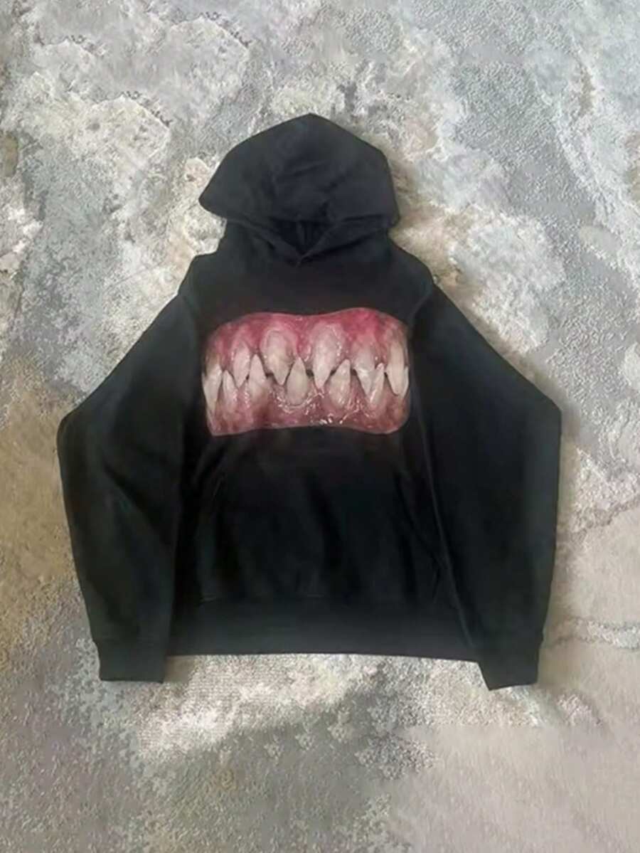 Y2K Style Men's Autumn And Winter Collection - Slogan Exaggerated Teeth - Pattern Printed Casual Hoodie, Plush Hoodie For Warmth And Comfort, Machine Washable, Local Warehouse, Suitable For Back To School, Street, Outdoor Sports Wear - 黑色 - 查看 1