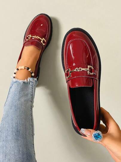 Black Leather Loafers For Women, Chunky Heel, Slip-On, Metal Buckle Decor, Glossy Finish, Casual Oxfords, Suitable For Spring, Autumn, All Seasons