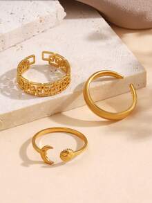 1/3pcs 18K Gold Plated Stainless Steel Moon & Sun Open Rings, Suitable For Women's Daily Wear