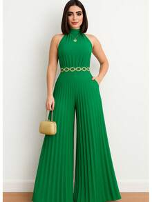 Pleated Jumpsuit For Weddings And Special Events - 墨綠色 - 查看 3