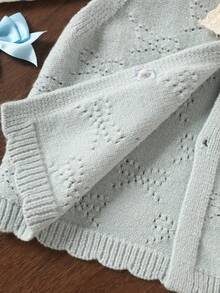 WUHUANG YIYI 女童休闲镂空蝴蝶结蕾丝宽松显瘦V领毛衣背心开衫日常穿搭秋季新品 - 淺藍色 - 查看 7