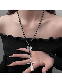 1pc Ascension Day Black Beaded Cross Star Hollow Necklace, Multicolor Resin Metal Material Gothic Style Beaded Chain, Lightweight Fashionable Accessory Suitable For Women, Men, Party, Daily Wear, School, Travel