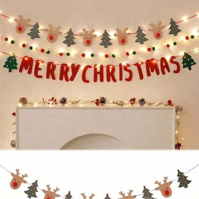 1 件驯鹿和圣诞树装饰拉旗，圣诞纸挂件圣诞纸横幅拉旗 - 圣诞麋鹿圣诞树横幅，室内/室外装饰横幅农舍圣诞壁炉挂件，圣诞家居装饰圣诞派对装饰圣诞快乐
