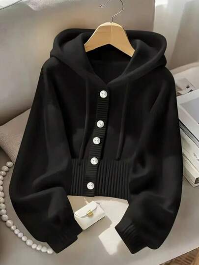 Casual Solid Color Long Sleeve Hooded Knit Cardigan