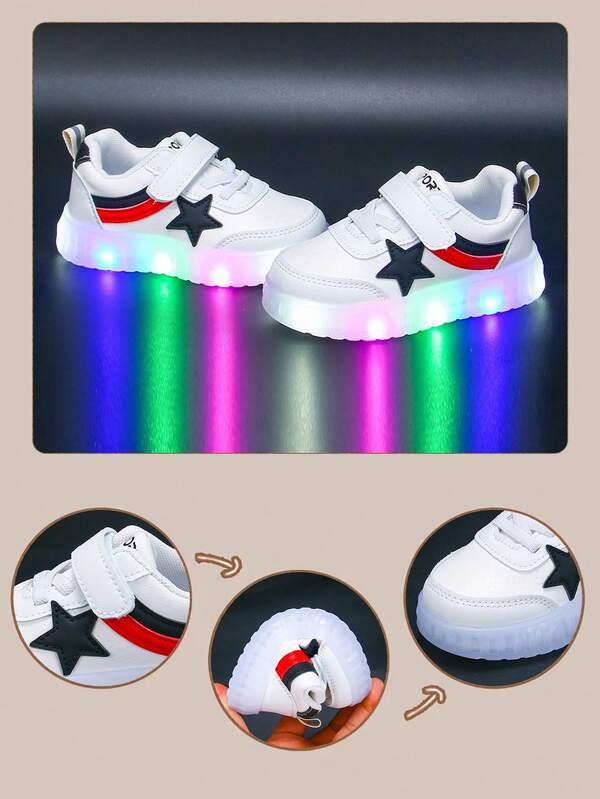 1 Pair New Seasonal Children's Shoes, 1 Pair Star Decorated Black & White Children's Shoes, 1 Pair Light-Up Small White Shoes, 1 Pair Children's Sports Shoes, 1 Pair Canvas Shoes For Boys, 1 Pair Comfortable Neutral PU Infant Shoes, 1 Pair Fashionable & Versatile Outdoor Children Shoes With Insole Length 13-18.3cm