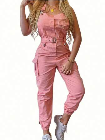 Stylish Women's Utility Pocket Jumpsuit Casual Sleeveless Bib Overall Pants + Waistband, Minimalist Tapered Pants