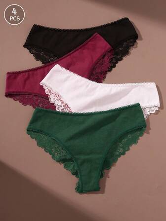 4pcs/Set Multicolor Sexy Women Lace Patchwork Sheer Comfortable Thong Panties