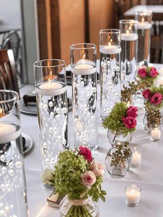 Guirnalda de perlas flotantes - Deslumbrantes cuentas artificiales para centros de mesa de boda, relleno de jarrones, decoraciones de guirnalda para fiestas, relleno de tarros de velas flotantes para regalos de cumpleaños, graduación, decoraciones de fiesta con cuentas de perlas falsas de plástico, decoración del hogar como relleno de jarrones, centro de mesa de boda, decoración de fiesta de Navidad