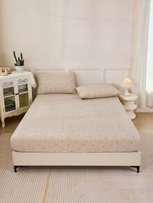 2/3pcs Khaki Striped Heart & Geometric Pattern Bedding Set (1pc Fitted Sheet + 1/2pcs Pillowcase), Soft & Breathable, Fits Twin, Full, Queen, King Size Beds Up To 11.8" Depth, Home Textile, School Dormitory Bedding