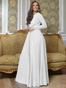 KOH KOH Women's Long Sleeve Flowy Elegant Empire Waist Modest Bridesmaid Semi Formal Maxi Dress Gown Petite And Plus Size Mother Of The Bride Or Groom Floor Full Length Sleeves Maternity Baby Shower Bridal Black Tie Gala Evening Cocktail Party Curve Curvy Warm Comfortable Comfy Soft Stretch Stretchy A-Line Work Office Meeting Workwear Special Occasion Dressy Frock Spring Summer Fall Graduation Homecoming Engagement Sunday Church Choir Baptism Funeral V-Neck Vacation Holiday Travel Islamic Abaya Muslim Moroccan Flattering Slimming Classy Classic Stylish Simple Solid Photoshoot Outfit For Tall Girls And Women - Màu trắng ngà - Xem 3