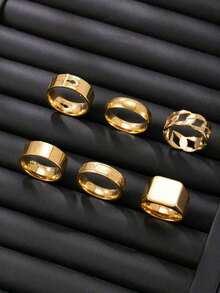 6pcs Stainless Steel Rhombus Decor Gold Color Men's Ring Set, Suitable For Daily Wear, Jewelry Gift MRZY - 多色的 - 查看 10
