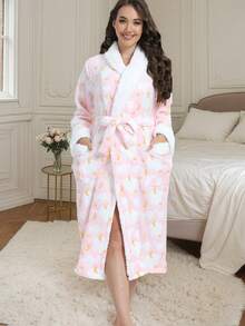 1pc Home Wear Women's Plush Collar Star And Moon Print Mid-Length Robe With Belted Waistrobe Nightgown Loungewear