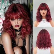 AKAKO 12 Inch Burgundy Short Wavy Wig, Water Wave Curly Bob Wigs With Full Bangs, Fluffy Synthetic Heat-Resistant Fiber Hair Halloween Costume Wig For Cosplay Wear, Music Festival, Carnival Party Use - Burgundy - View 11