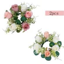1pc Fake Flower Plant Leaves Candle Artificial Silk Rose Flower Wreath Candle Holder Plastic Small Buoy Farmhouse Wreath For Wedding Arrangement Bridal Bouquet Dining Table Core Garden Yard Birthday Shower Decoration Aesthetic Room Classroom Balcony Christmas Holiday Gift Decoration