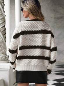 Women's Striped Pullover Sweater Cut Out V-Neck Crochet Knit Sweater Oversized Color Block Bell Sleeve Ribbed Top - Black - View 4