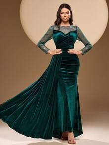 Elisanya Women's Solid Color Round Neck Mesh & Velvet Patchwork, Heavy Rhinestone Decor, Ribbon Tie Elegant Maxi Long Sleeve Dress, Suitable For Parties, Banquets, Galas - Dark Green - View 1