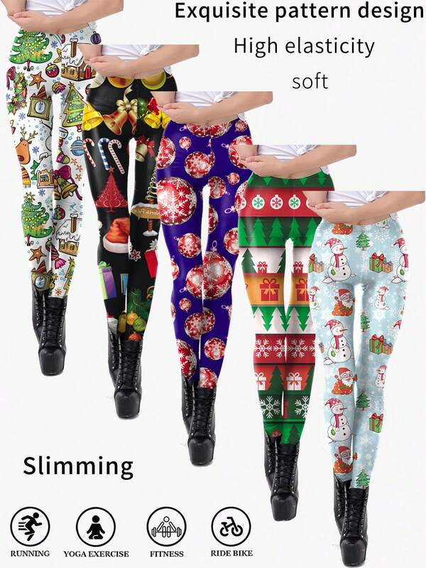 Leggings/pantalones de yoga para el hogar de mujer de cintura alta con tema navideño, estilo casual y lindo con estampado de dibujos animados tipo graffiti, opciones de varios colores