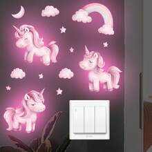 Glow-In-The-Dark Cute Pink Unicorn Wall Sticker, Self-Adhesive Rainbow Cloud Star Wall Decals, Decoration For Kids Room & Nursery Wall Decor Room Decor Wall Stickers Stickers Home Decor