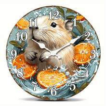1 Piece Quirky Water Buffalo And Orange Fruit Wall Clock - Modern Farmhouse Style Decoration, Green Leaf Background - Silent Quartz Movement No Ticking Sound - Wooden Frame Clock, Suitable For Living Room, Kitchen, Office - Perfect Christmas Thanksgiving Housewarming Gift - Batteries Not Included - Home Decoration, Artwork, High-Quality Craftsmanship, Unique Design