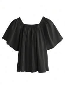 休闲短袖方领泡泡袖衬衫，修身 - 黑色 - 查看 5