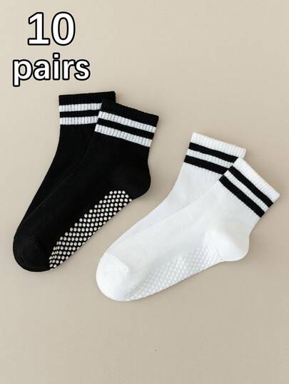10 Pairs Anti-Slip Socks With Dotted Grip, Suitable For 1-16 Years Old Boys & Girls, Comfortable & Fashionable, Non-Slip Design, Striped Pattern, Suitable For Home, Daily Wear, School