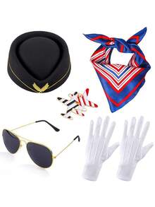 5 件套节日主题空姐帽、围巾、胸针、手套、眼镜角色扮演 PE 时代系列空姐服装配饰、空姐装、圣诞派对、万圣节派对 - 彩色 - 查看 16