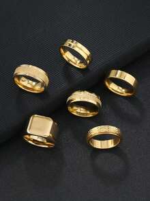 Set de 6 anillos de acero inoxidable con decoración de rombos en color dorado, adecuados para uso diario, regalo de joyería - Oro - Ver 3