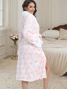 1pc Home Wear Women's Plush Collar Star And Moon Print Mid-Length Robe With Belted Waistrobe Nightgown Loungewear