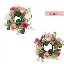 1pc Fake Flower Plant Leaves Candle Artificial Silk Rose Flower Wreath Candle Holder Plastic Small Buoy Farmhouse Wreath For Wedding Arrangement Bridal Bouquet Dining Table Core Garden Yard Birthday Shower Decoration Aesthetic Room Classroom Balcony Christmas Holiday Gift Decoration