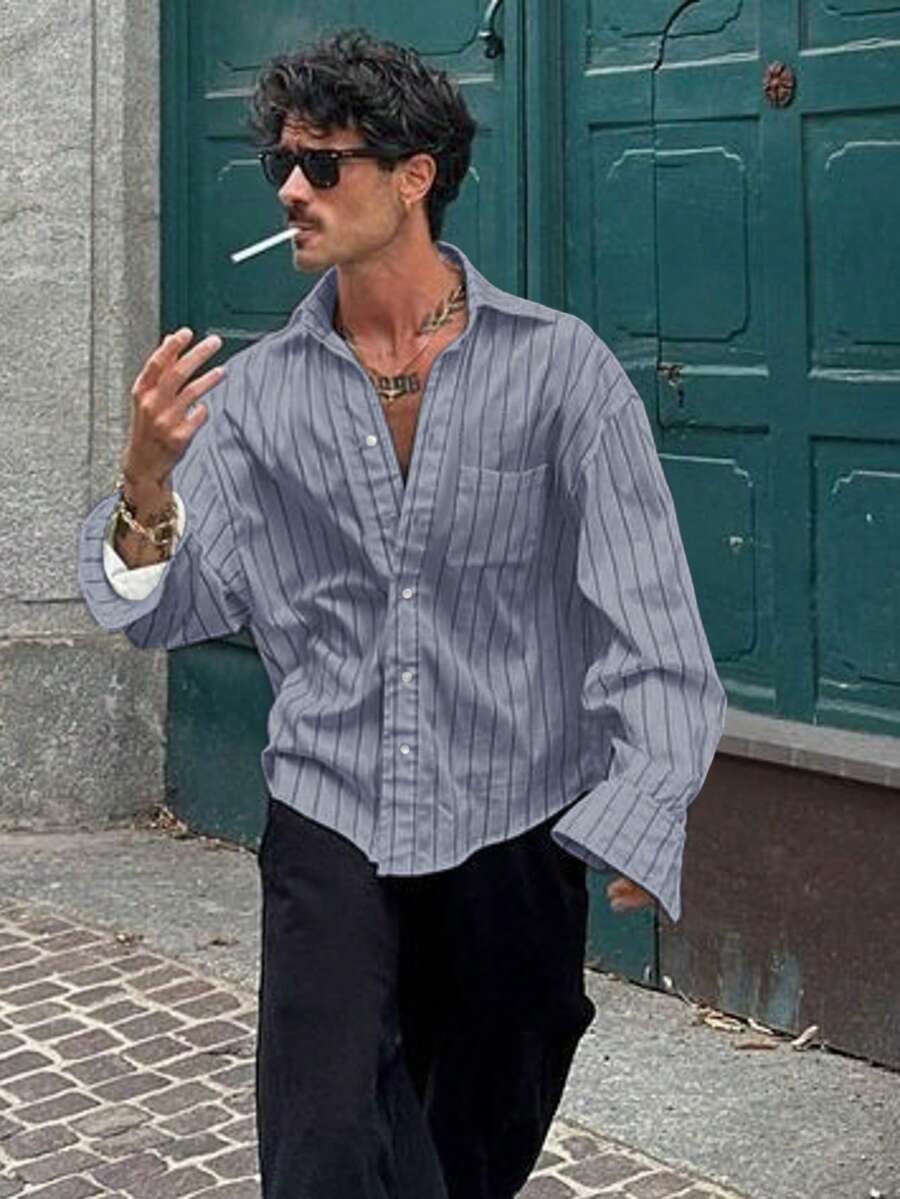 Men's Thin Striped Long Sleeve Shirt, Fashionable Casual Style Suitable For Spring And Autumn - Baby Blue - View 1